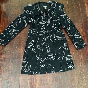 Harold’s Wool Blend Vintage Artsy Black Abstract Long Sleeve Fitted Peacoat